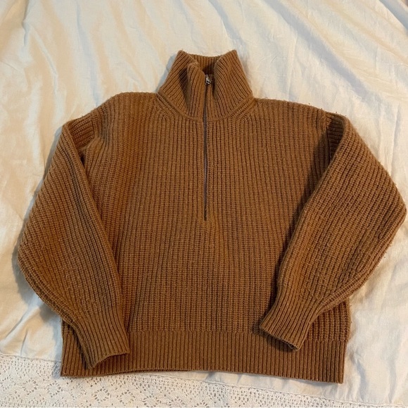 Everlane XS The Felted Merino Half-Zip Sweater Caramel Brown Honey Cropped wool - Picture 1 of 5